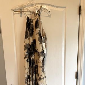 NWT floral high low summer dress with gold neck details.